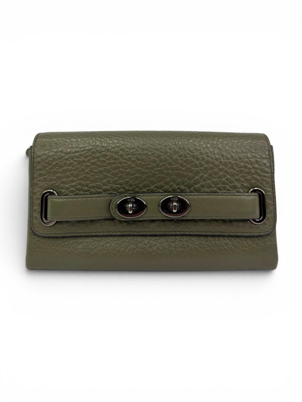 Coach Swagger Olive Green Pebble Leather Continental Wallet Gunmetal Turnlock